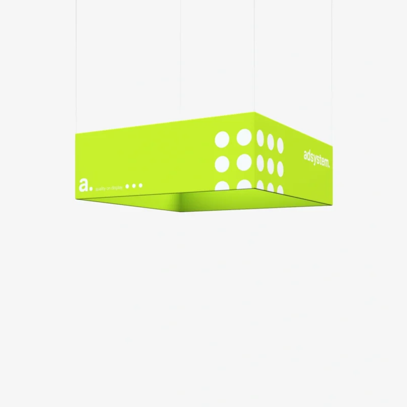 Vierkante hangende banner Quadfloat als plafond banner boven een beursstand van Eventshop.