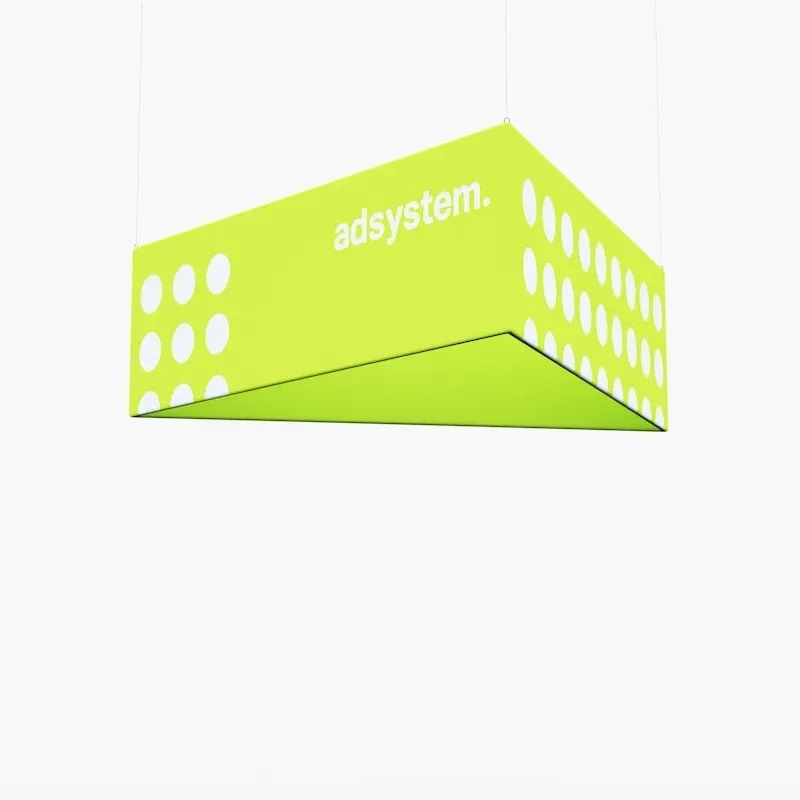 Driehoekige hangende banner Trifloat als plafond banner boven een informatiepunt op een beurs van Eventshop.