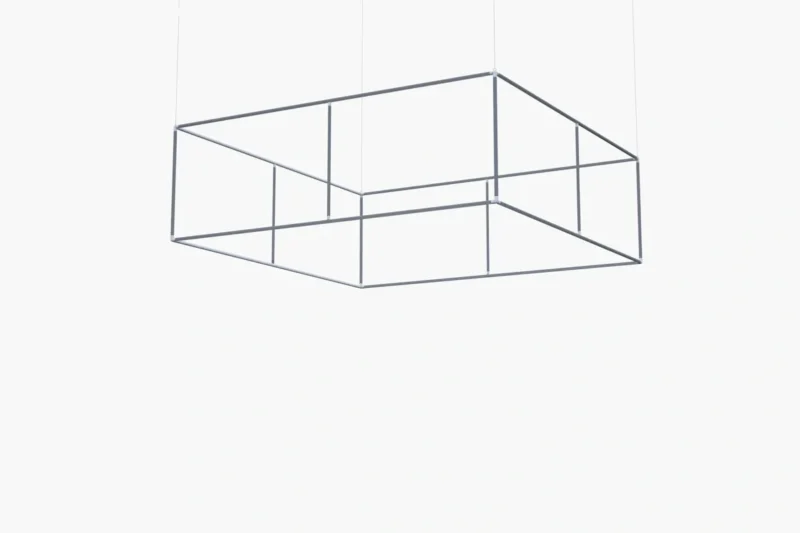 Vierkante hangende banner Quadfloat als plafond banner boven een beursstand van Eventshop.