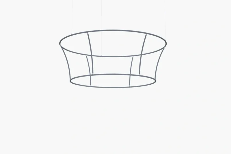 Kegelvormige hangende banner Trapfloat als plafond banner boven een beursstand van Eventshop.
