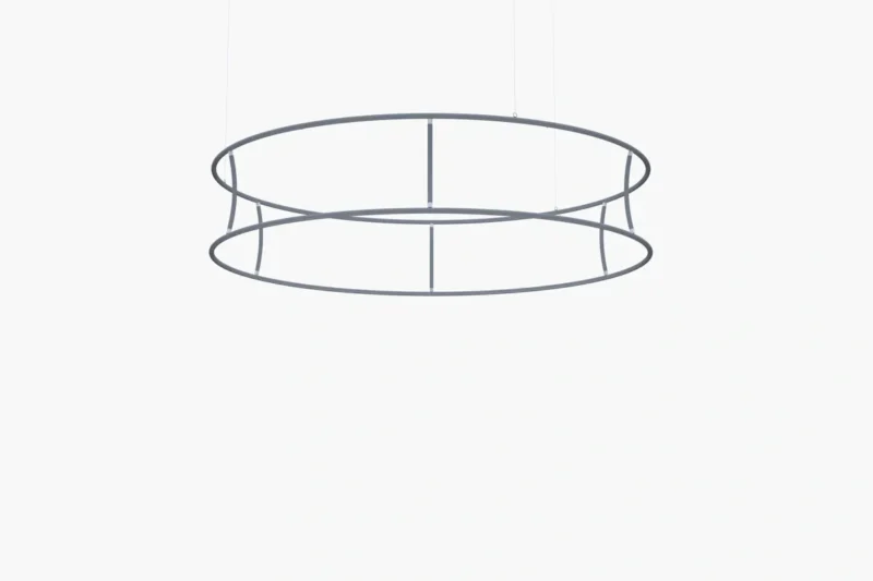 Ronde hangende banner Ringfloat als plafond banner boven een beursstand van Eventshop.