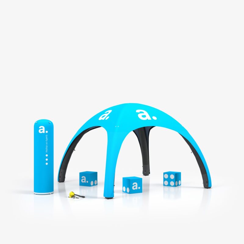 Outdoor event set met opblaasbare tent 4x4m, zuil ∅60x220 cm, 3 poefs - full colour bedrukt voor festivals en strandbars