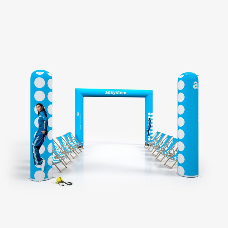 Outdoor event set met opblaasbare vierkante boog, 2 zuilen van 320 cm, 10 strandstoelen en elektrische pomp - full colour bedrukt voor sportevents en festivals