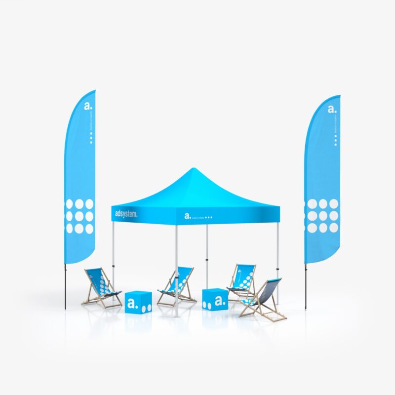 Outdoor event set met reclametent 3x3m, 2 vlaggen, 4 strandstoelen en 2 poefs - full colour bedrukt voor festivals en beurzen