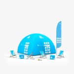 outdoor event set met tent, strandstoel, vlag, poef, electrische pomp