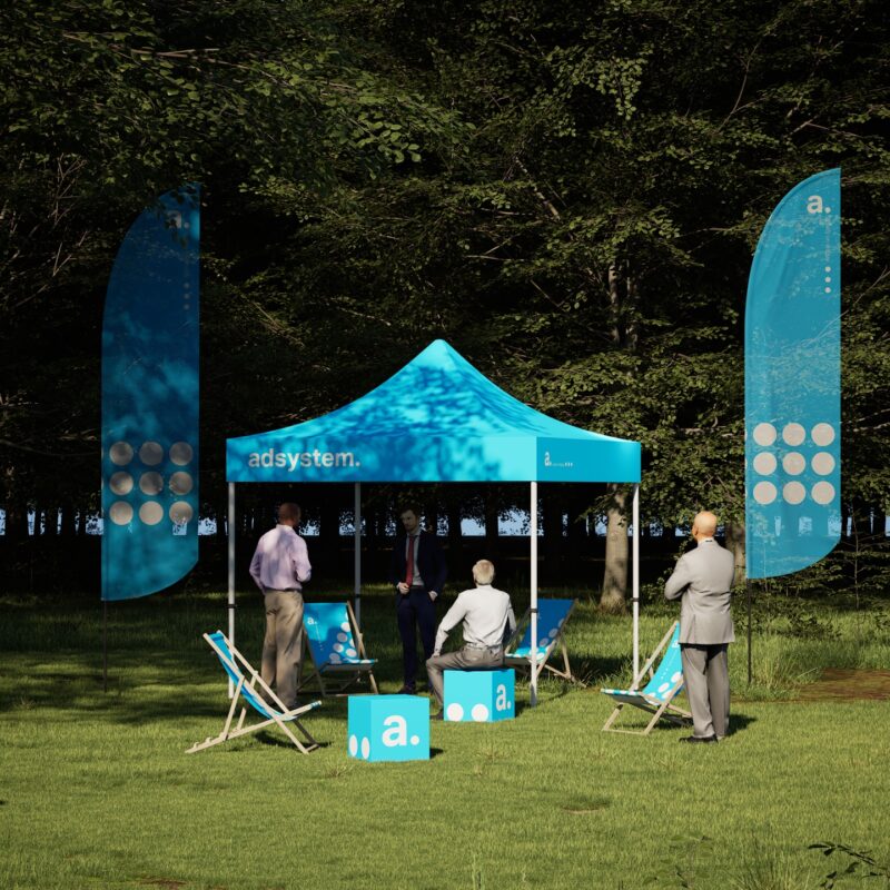 Outdoor event set met reclametent 3x3m, 2 vlaggen, 4 strandstoelen en 2 poefs - full colour bedrukt voor festivals en beurzen