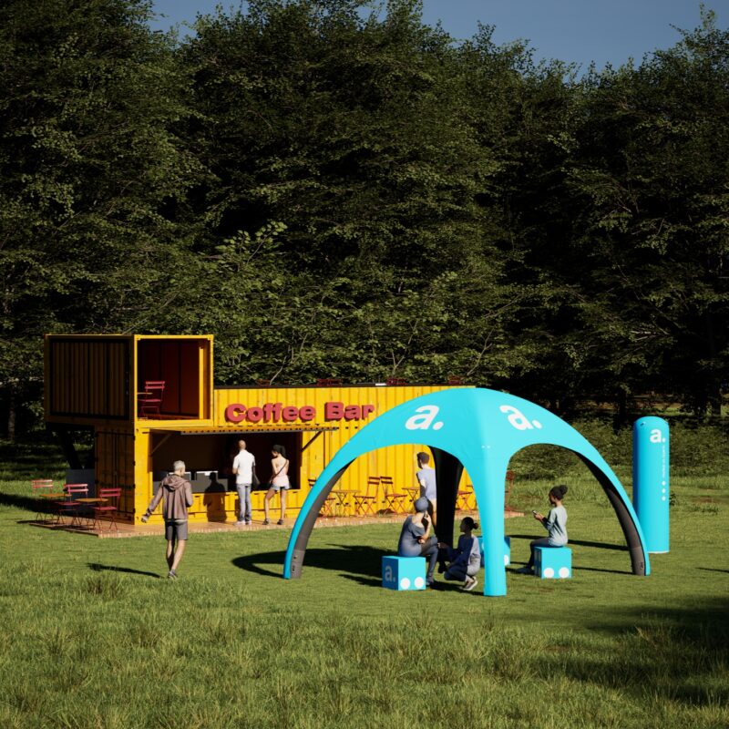Outdoor event set met opblaasbare tent 4x4m, zuil ∅60x220 cm, 3 poefs - full colour bedrukt voor festivals en strandbars