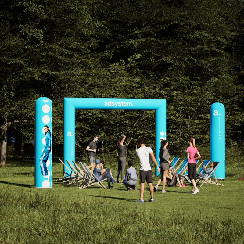 Outdoor event set met opblaasbare vierkante boog, 2 zuilen van 320 cm, 10 strandstoelen en elektrische pomp - full colour bedrukt voor sportevents en festivals