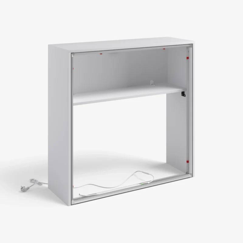 Mobiele LED verlichte beursbalie Flex Expo met vingerafdrukslot en premium honingraat topblad van Eventshop.