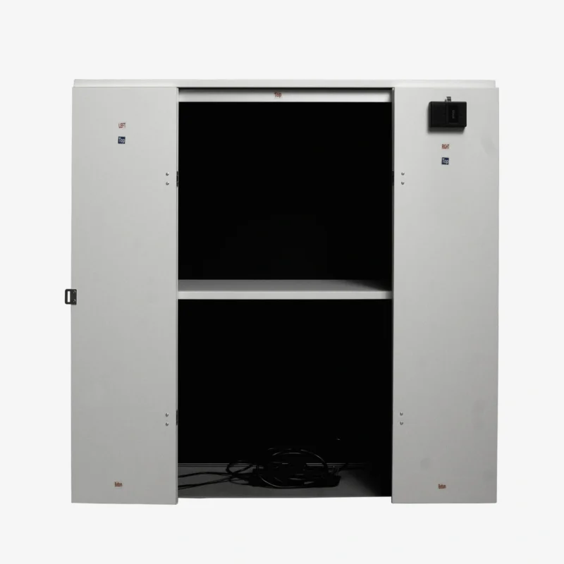 Mobiele LED verlichte beursbalie Flex Lock met vingerafdrukslot en bedrukte textielprint van Eventshop.