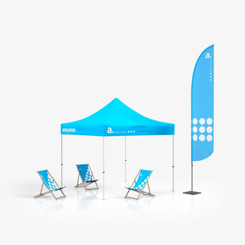 Outdoor event set met reclametent 3x3m, 3 strandstoelen, XL vlag met rotator en 12kg plate - full colour bedrukt voor festivals en promoties
