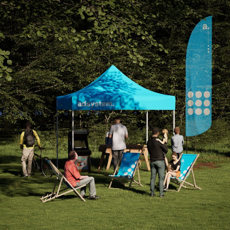 Outdoor event set met reclametent 3x3m, 3 strandstoelen, XL vlag met rotator en 12kg plate - full colour bedrukt voor festivals en promoties