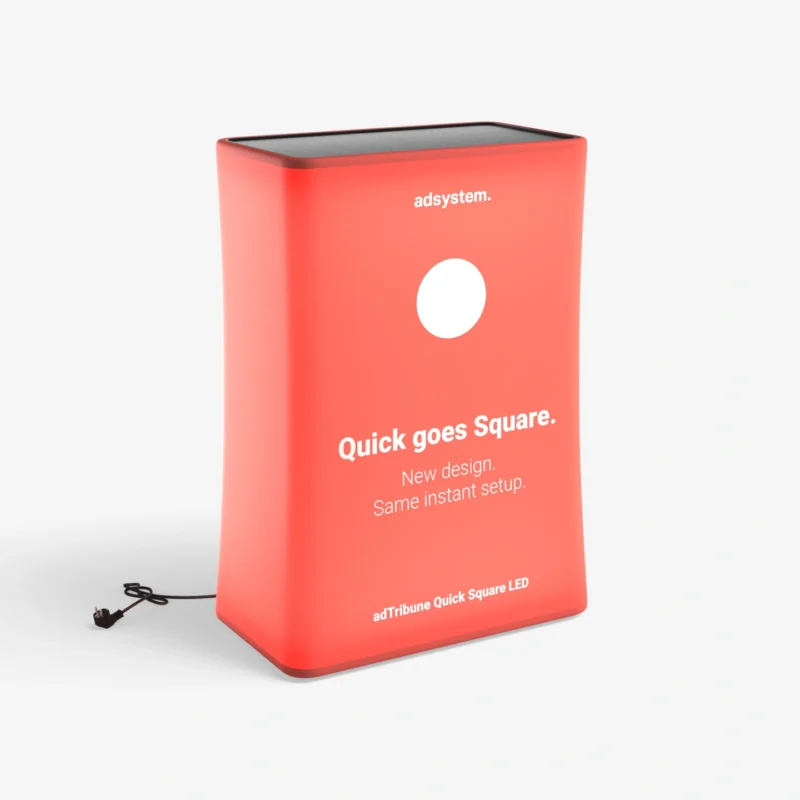 Vierkante pneumatische mobiele beursbalie Quick Square met optionele LED-verlichting en strakke peesdoek textielprint van Eventshop.