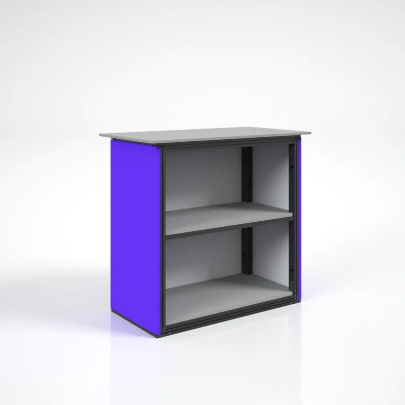 Modulaire textiel beursbalie Multiframe Stand met 360 graden bedrukking en opbergruimte van Eventshop.