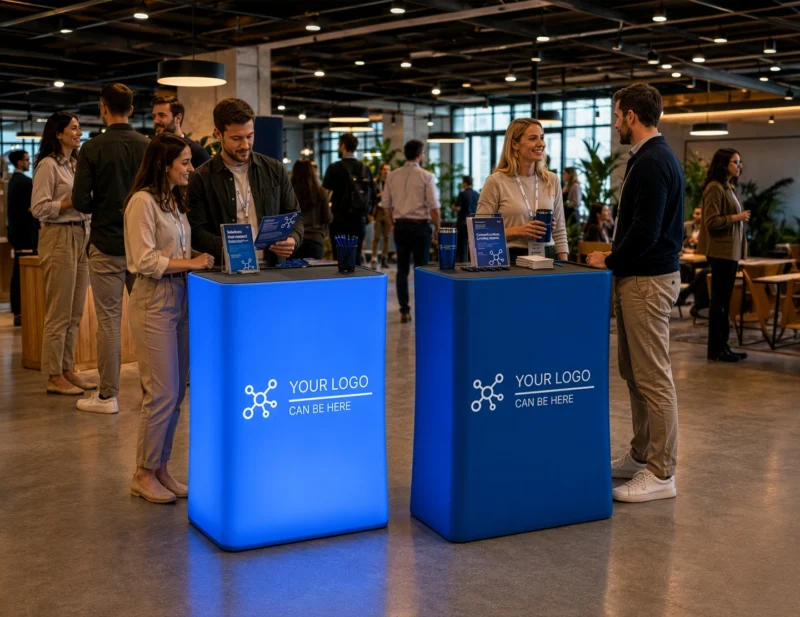 Vierkante pneumatische mobiele beursbalie Quick Square met optionele LED-verlichting en strakke peesdoek textielprint van Eventshop.
