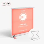 Draadloze verlichte LED pop up beursbalie op accu met geïntegreerde telefoonlader en peesdoek textielprint van Eventshop.