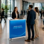 Draadloze verlichte LED pop up beursbalie op accu met geïntegreerde telefoonlader en peesdoek textielprint van Eventshop.