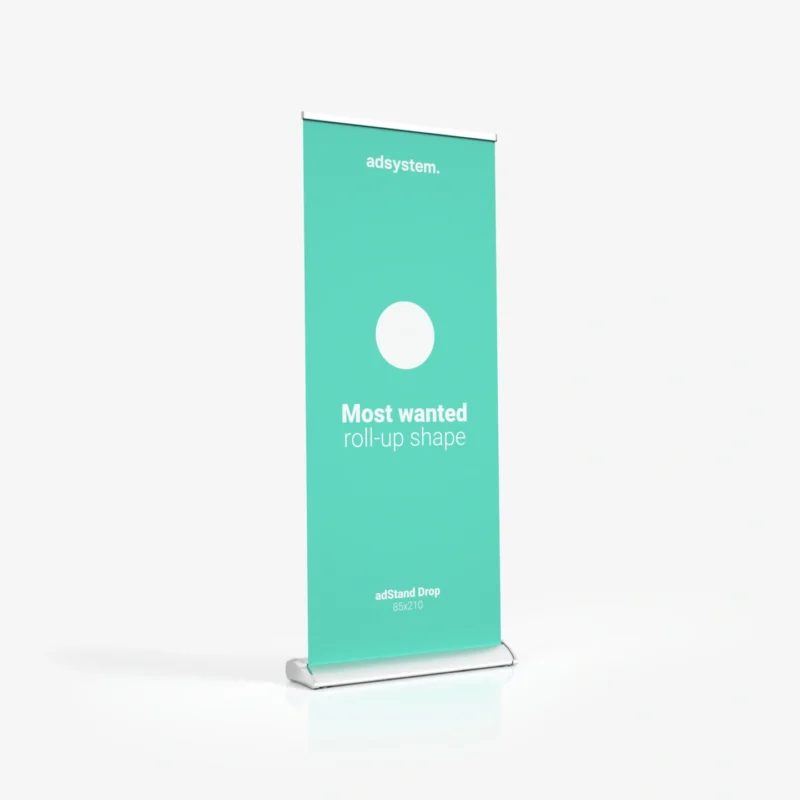 Luxe voetloze Roll up banner Drop met chromen zijkanten van Eventshop.