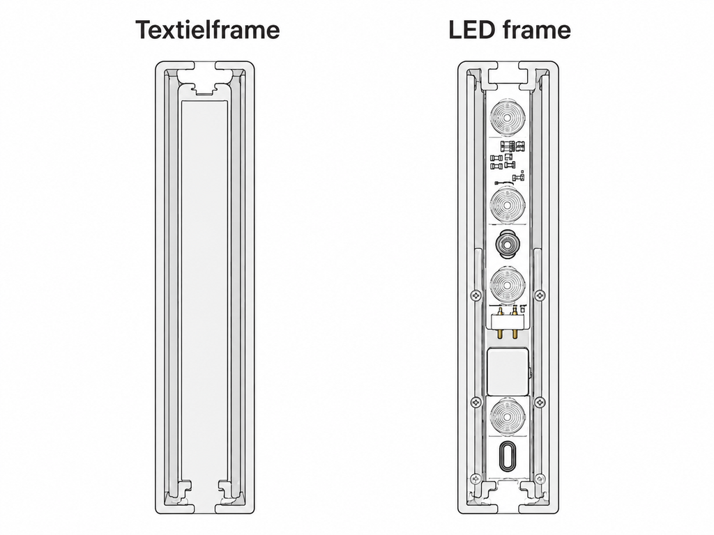 Diagram met verschil tussen LED frame en textielframe in verlichting