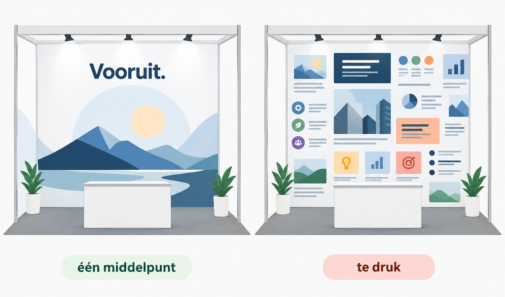 Twee beursstands naast elkaar: links één groot merkbeeld als middelpunt, rechts een achterwand vol kleine logo's en teksten