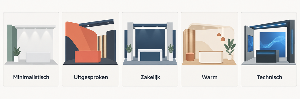 Infographic met beursstand inspiratie in vijf stijlen: minimalistisch, uitgesproken, zakelijk, warm en technisch