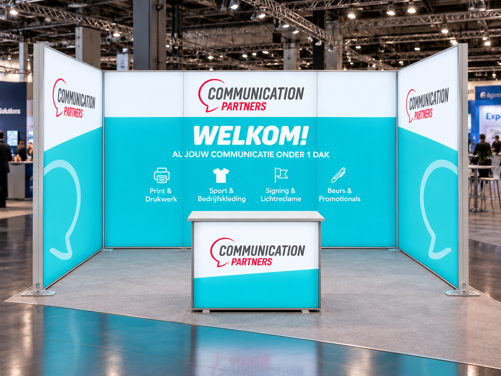 Beursstand van Communication Partners met één groot merkbeeld op de achterwand, een open voorzijde en een balie als ontvangstpunt