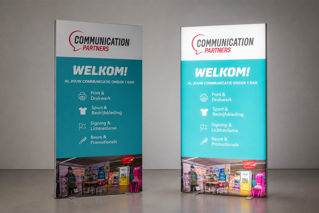 Vrijstaand textielframe en LED frame als presentatiewand van Eventshop