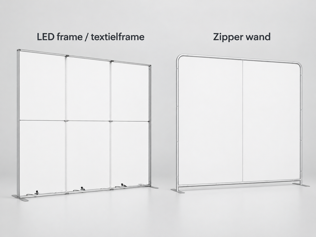 Vergelijking van een presentatiewand met recht aluminium LED frame/textielframe en een zipper wand met rond buizenframe