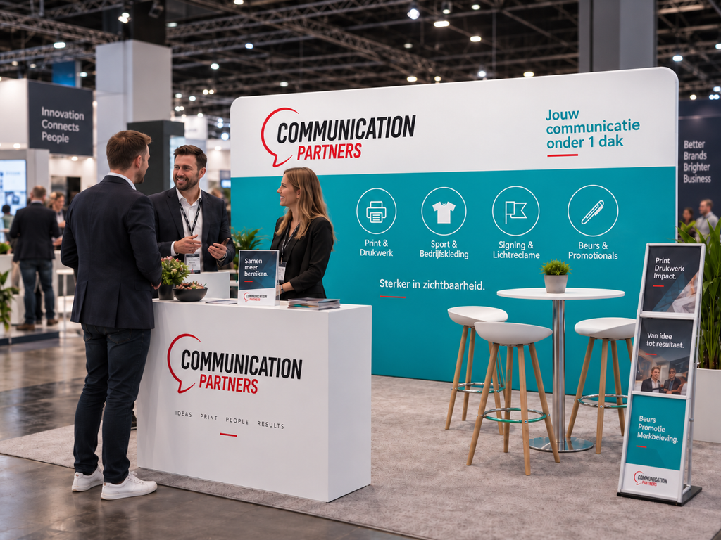 Presentatiewand als achterwand op een beursstand van Eventshop Communication Partners.