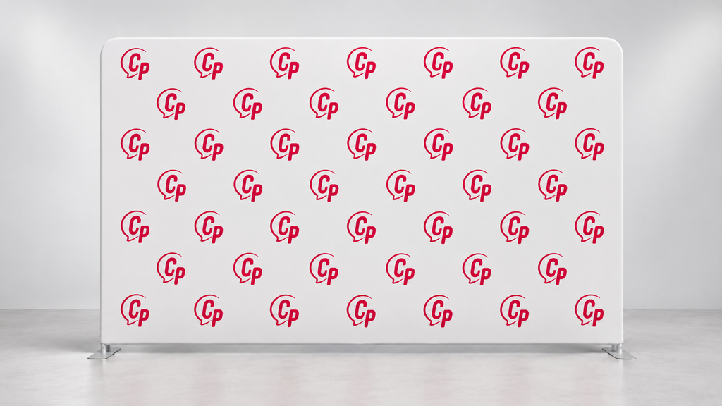 Sponsorwand met herhalend logopatroon op een rechte zipper wand