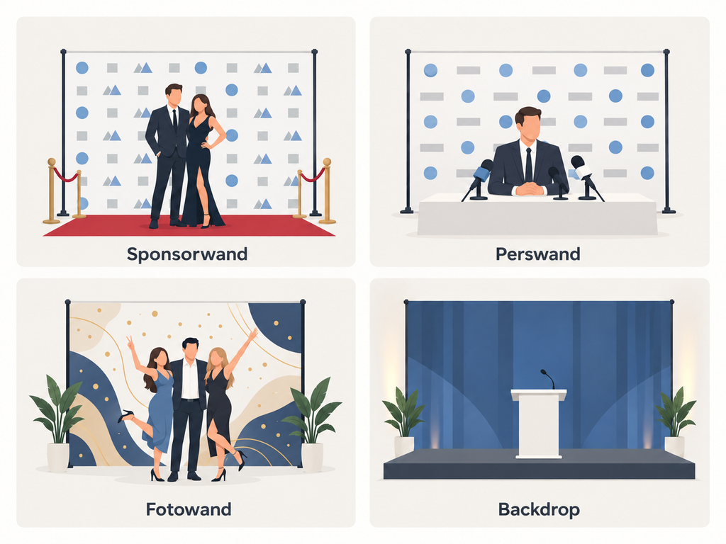 Schema met het verschil tussen sponsorwand, perswand, fotowand en backdrop