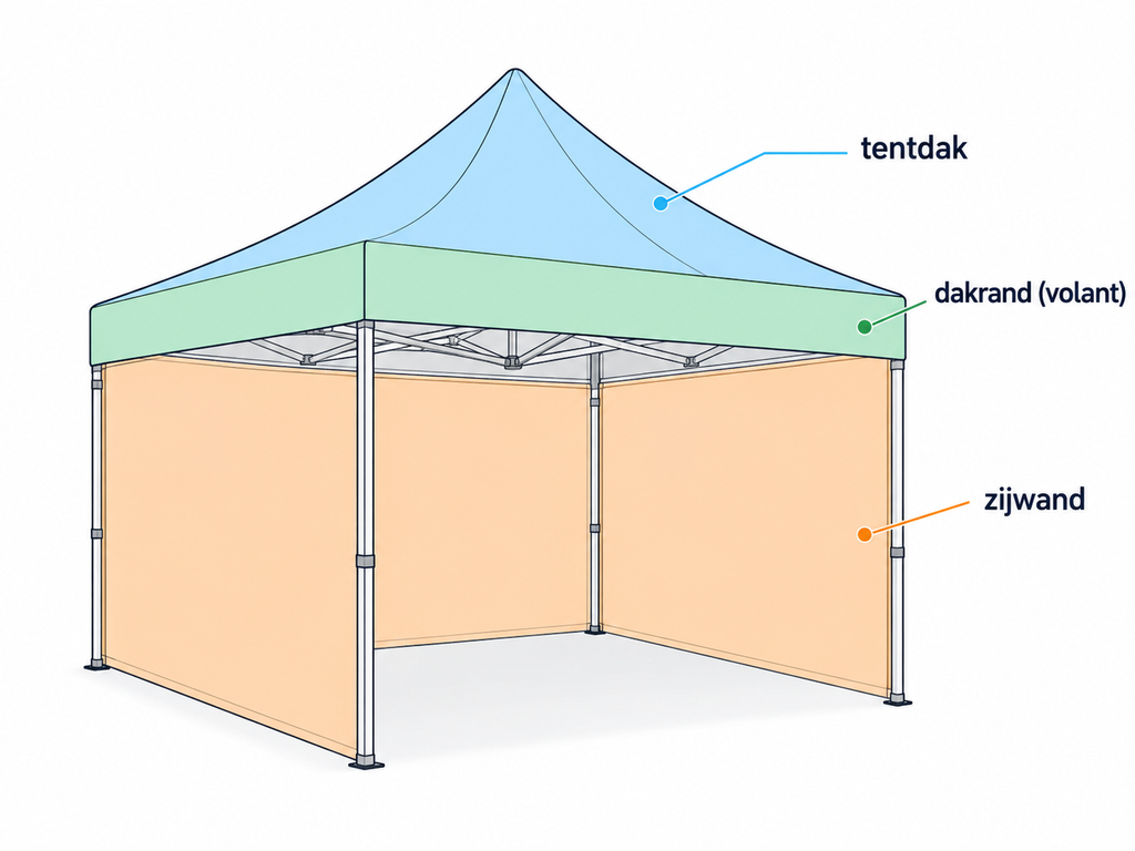 Lijntekening van een tent met gemarkeerd tentdak, dakrand en zijwanden als bedrukbare vlakken