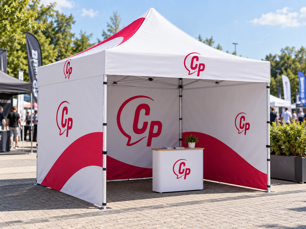 Bedrukte vouwtent van 3 x 3 meter met drie zijwanden van Eventshop Communication Partners