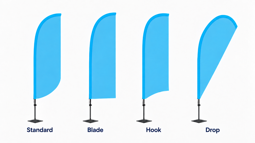 Vier vormen van een beachflag naast elkaar: Standard, Blade, Hook en Drop
