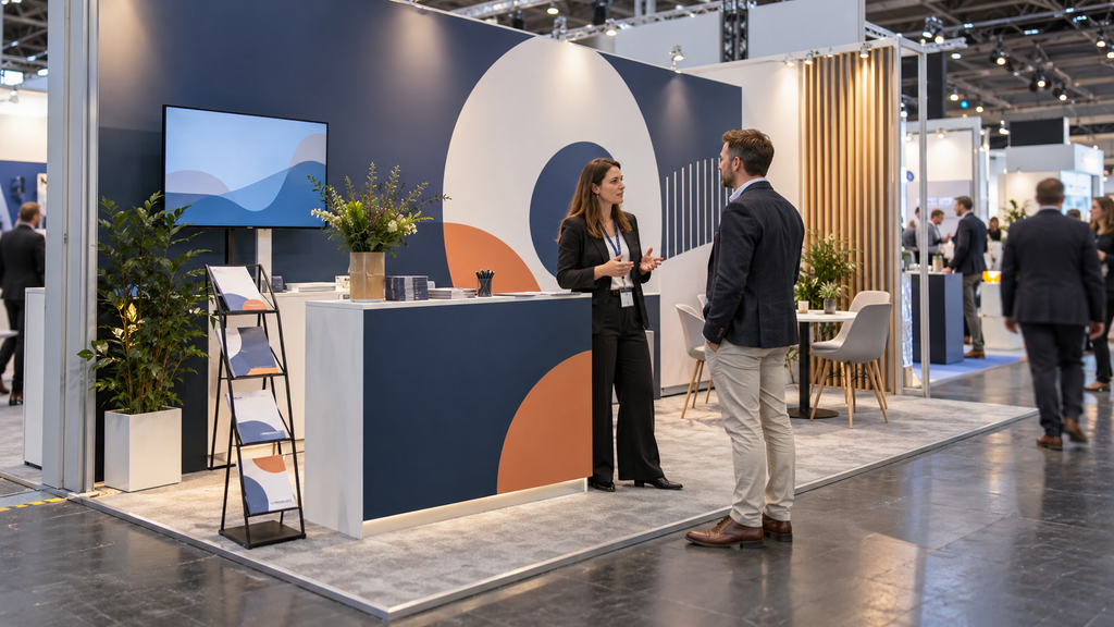 Medewerker in gesprek met een bezoeker op een beursstand met bedrukte achterwand en balie