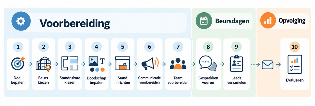 Infographic met de tien stappen van een beursdeelname, verdeeld over voorbereiding, beursdagen en opvolging