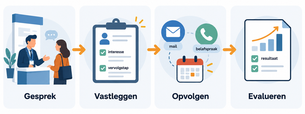 Schema van leadopvolging na een beurs: gesprek, vastleggen van interesse en vervolgstap, opvolging en evaluatie