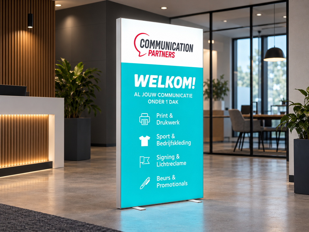 Vrijstaand LED Frame – Slim als lightbox met verlichte textielprint in de showroom