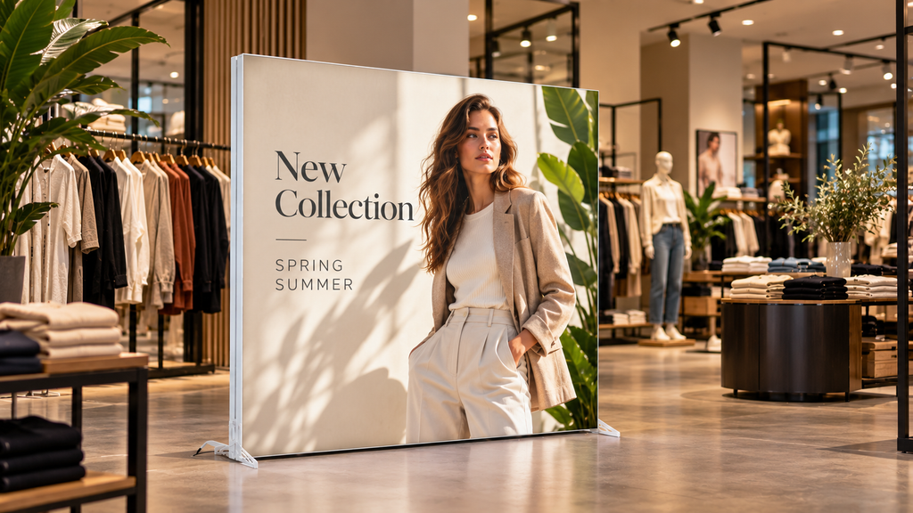 Vrijstaande LED lightbox met verlichte reclameprint in een moderne winkel