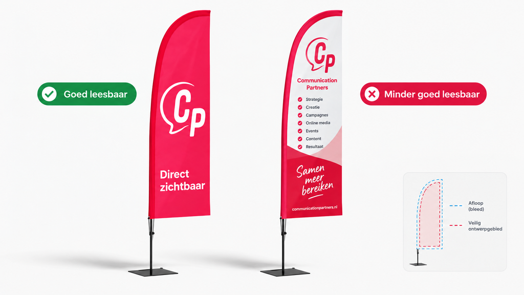 Twee ontwerpen voor een vlag met logo vergeleken: links een groot logo met korte tekst, rechts veel kleine tekst